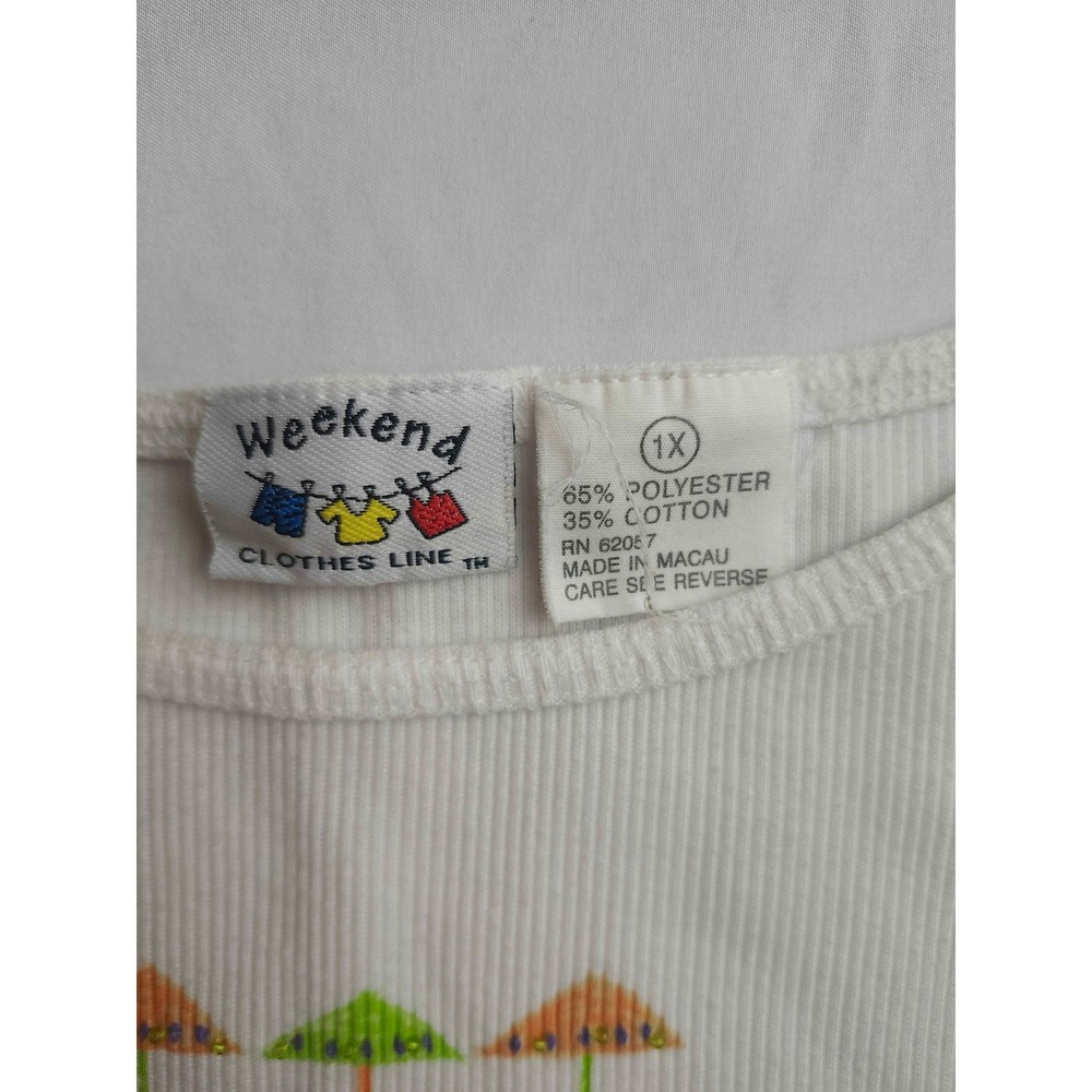 Vintage Weekend Clothes Line White Ribbed Tank Top Beach Umbrella Embroidered 1X - Picture 5 of 8